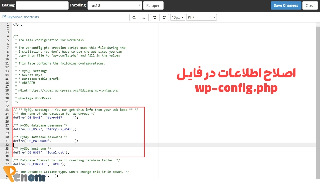 اطلاعات نادرست در فایل wp-config.php